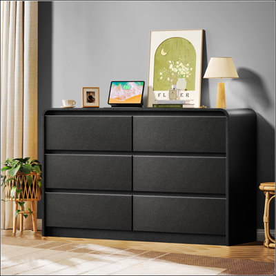 Commode 6 tiroirs avec design incurvé, rangement spacieux pour la chambre à coucher et le salon, rangement en bois moderne (noir)