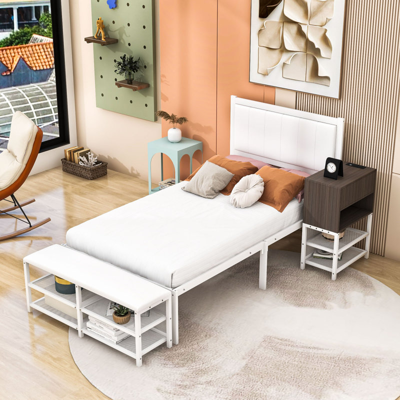 Lit plateforme en métal avec rangement et tête de lit, Complète, Blanc