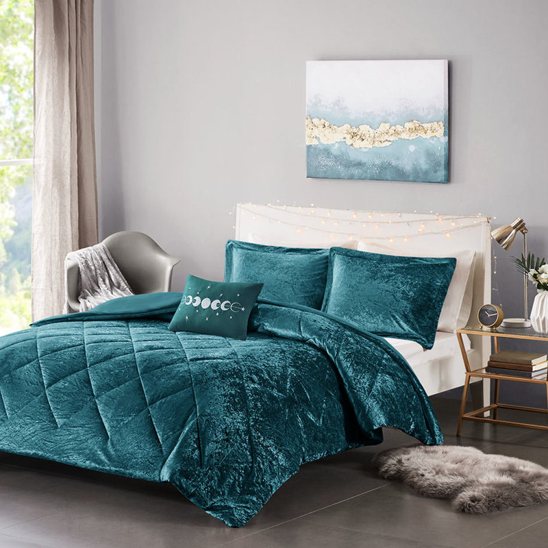 Housse de couette double / grand en velours bleu sarcelle, diamant, coussin décoratif, literie lavable à la machine, style,