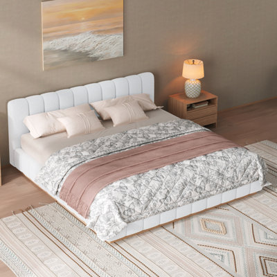 Cadre de lit plateforme tapissier moderne très grand, conception à profil bas avec base en bois, blanc, aucun sommier tapissier requis