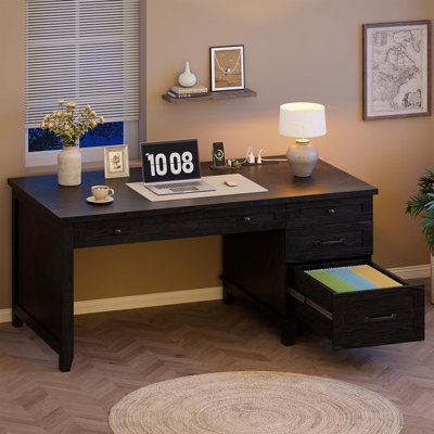 53.5" Farmhouse Executive Desk with Charging Station, Wood Computer Desk with Drawers & File Cabinet for Home Office