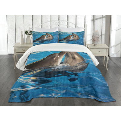 Ambesonne Dolphin Bedspread Set Aqua Show Photography Blue Dark Taupe -  bed_43533_queen