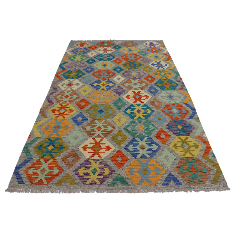 Tapis géométrique gris / vert / violet en laine fabriqué à la main 6 pi 8 po x 9 pi 6 po Madee