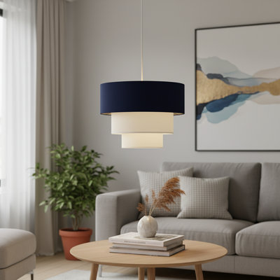 Luminaire suspendu tambour moderne à 3 niveaux, abat-jour en tissu bleu sarcelle et blanc, luminaire suspendu au plafond E26 pour le salon ou la salle à manger