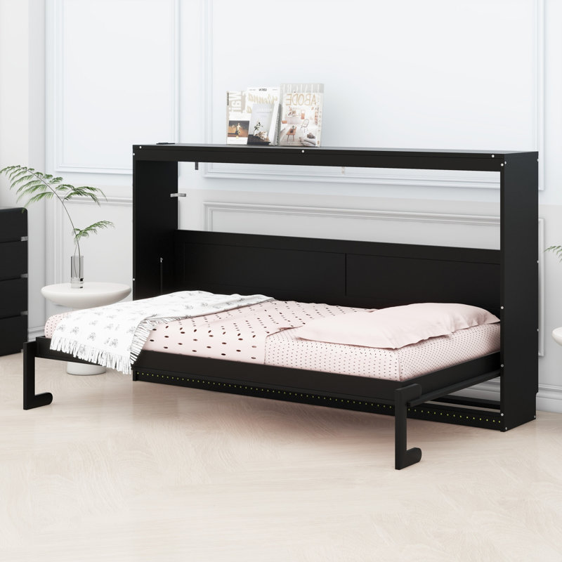 Lit escamotable élégant à imprimé tendance avec lumières DEL et prise USB, Lit simple, Noir