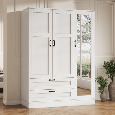 5-In-1 Wardrobe Closet With Full Length Mirror And 2 Drawers, Freestanding Storage Cabinet With Adjustable Shelves, Modern White Wood Armoire