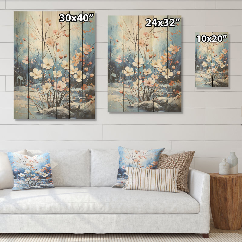 Bouquet de fleurs de neige - Harmonie sur bois de pin naturel, H 40 po x l 30 po