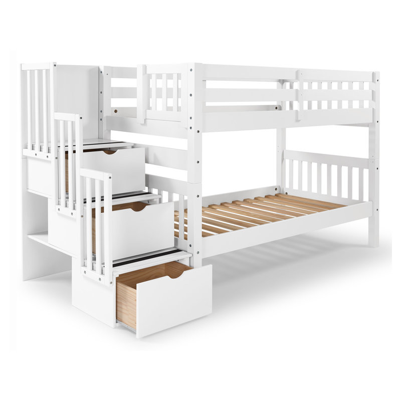 Tena Twin over Twin Solid Wood Standard Bunk Bed with a 3 Step Stairway and 3 Built-In Drawers, White, White