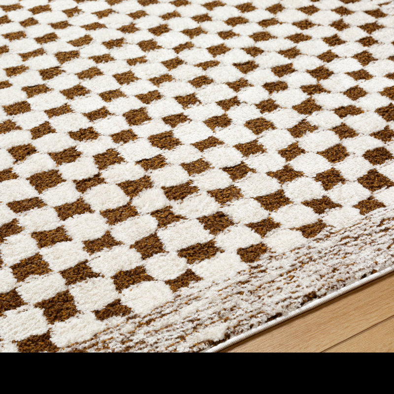 Brown Modern Shaggy Rug, Bordered Chequered Easy to Clean Rug For Living Room, Dining Room, Bedroom, Rectangle 160 x 213 cm