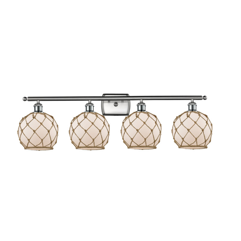 Éclairage de salle de bain à intensité variable 4 lumières Larochelle Farmhouse Rope, Blanc / Brun, Nickel satiné brossé