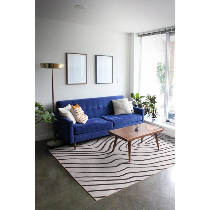 Tapis décoratif blanc rayé noir, Rectangle 8 pi 3 po x 11 pi 6 po