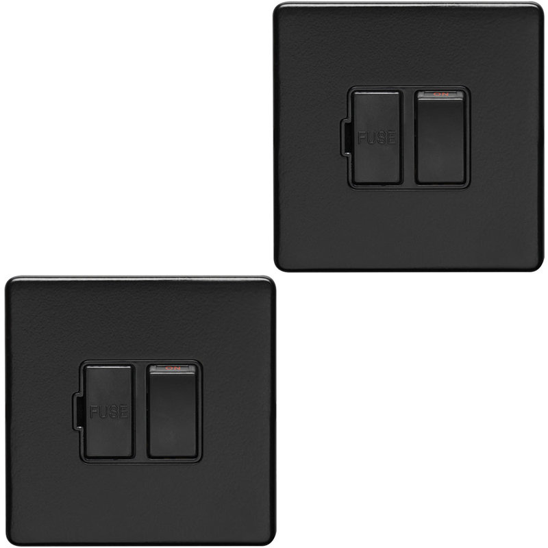 2 PACK 1 Gang 13A Switched Fuse Spur SCREWLESS MATT BLACK Mains Isolation, Matte Black, Black