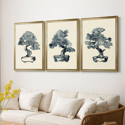 Indigo Bonsai I - Toile tendue avec châssis sur mesure - 3 pièces