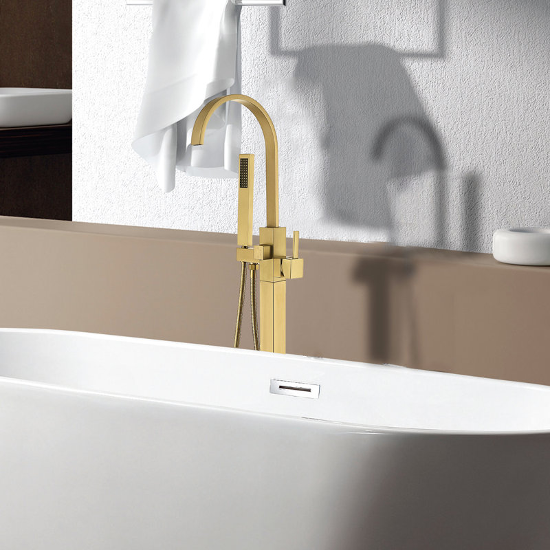 Bathtub Faucet With Freestanding Gold Detachable Shower - Corrosion Metal Hand Elegant Design For Bathroom