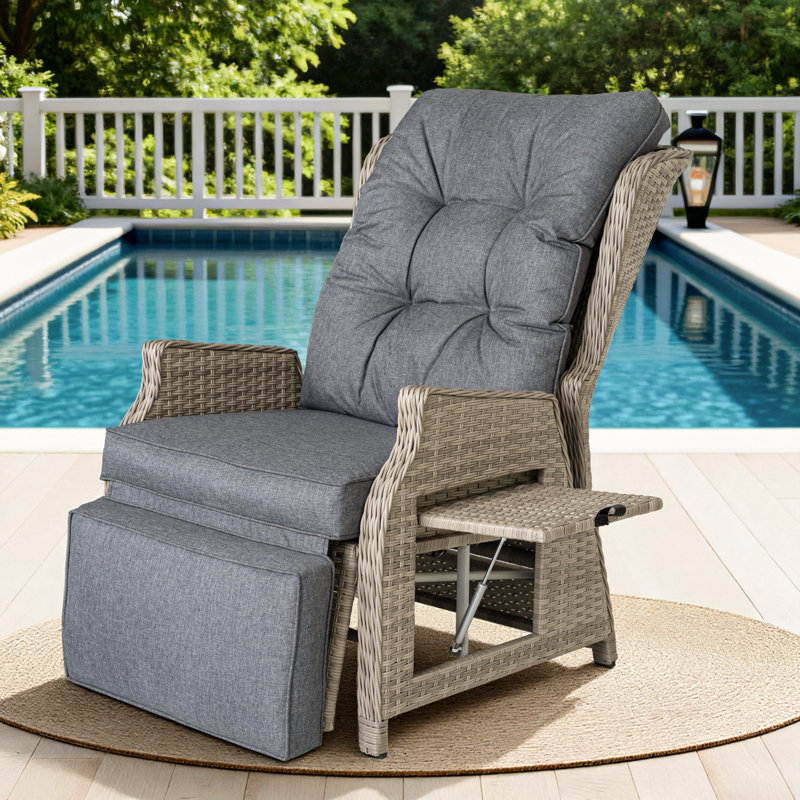 Indoor Outdoor Wicker Recliner With Adjustable Back And Footrest 1 Pcs, Grey with Beige Wicker