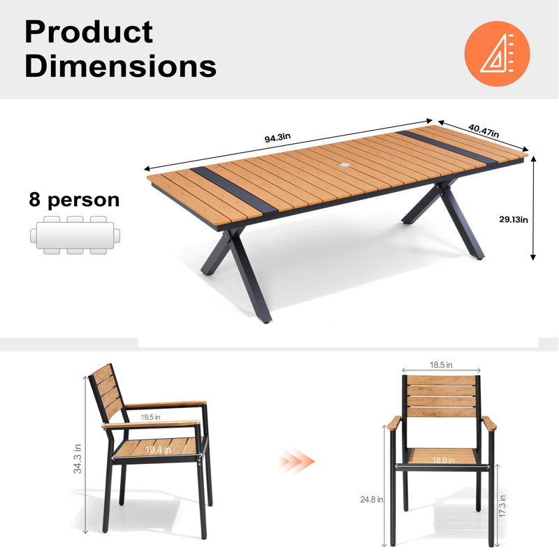 8 - Person Outdoor Patio Dining Set With Umbrella Hole And Armed Chairs, Brown