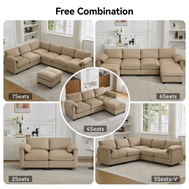 Canapé modulaire 5 places avec accoudoirs coussinés, 5 sièges, Chenille chameau