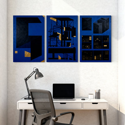 Abstrait géométrique abstrait bleu doré, ensemble de 3 impressions sur toile
