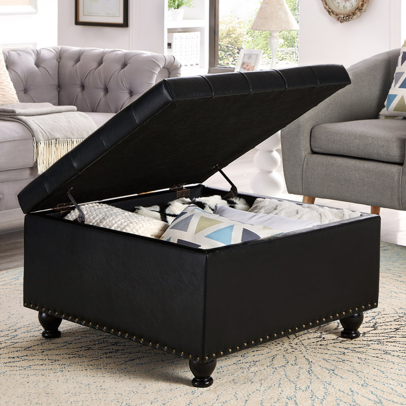 Grand repose-pieds de rangement carré avec pieds en bois, table basse capitonnée à boutons, Simili cuir, Black PU