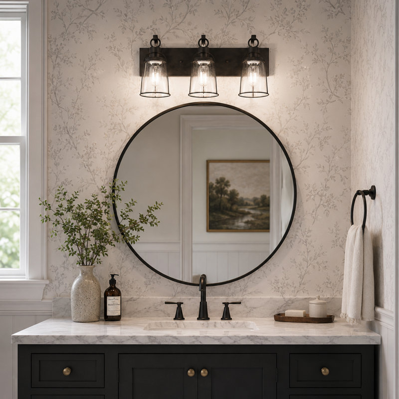 3-Light Bath Vanity Light Dimmable with Bronze Cage Bell Glass Shade