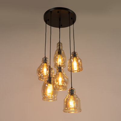 Glass Pendant Chandelier For Dining Room, 6 Lights Moder Globe Pendant