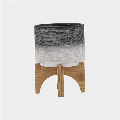 CERAMIC 5" PLANTER ON WOODEN STAND, GRAY