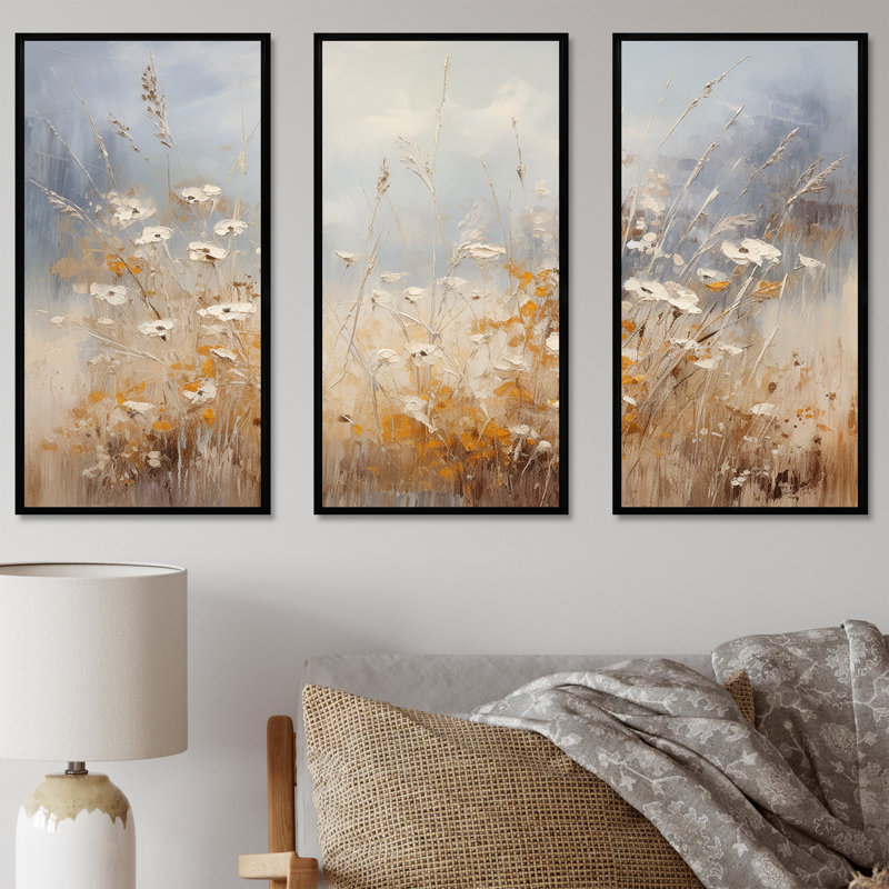 Beige et gris Meadows Breeze - prairie, art mural, H 28 po x l 36 po x P 1 po, Cadre flottant noir