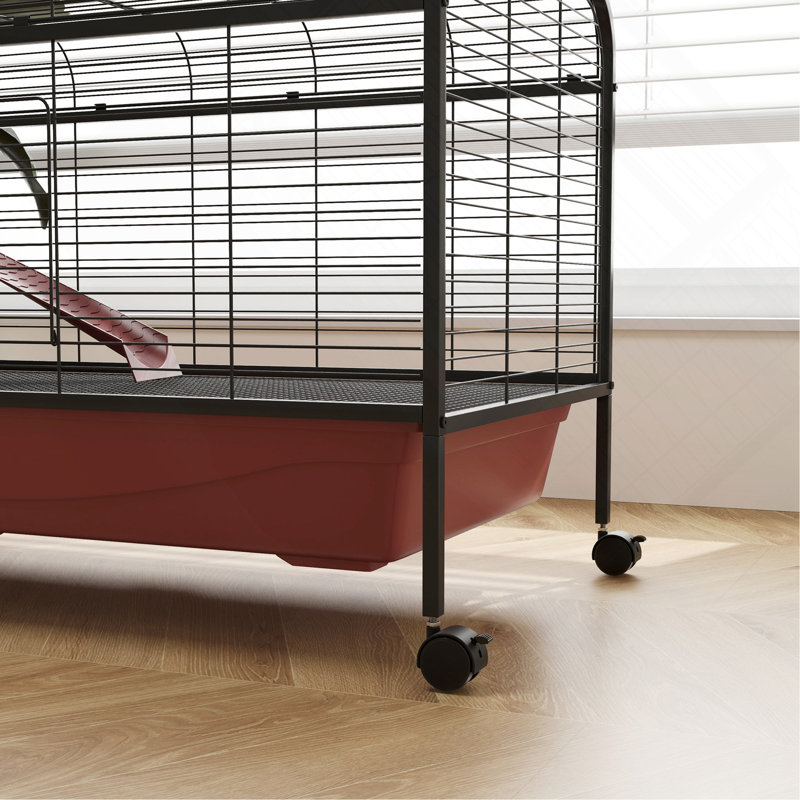 Petit refuge pour animaux de compagnie L 48 po - Lapin et furet avec mangeoire, roues, plateforme, refuge pour animaux rampe rouge / noir