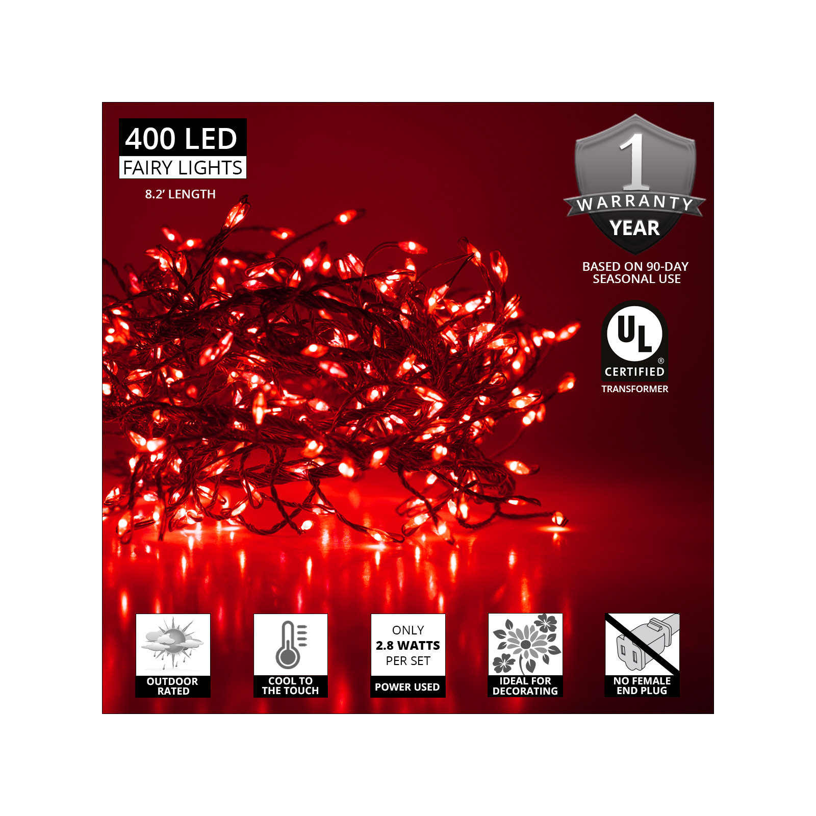 96'' LED String Lights, Red