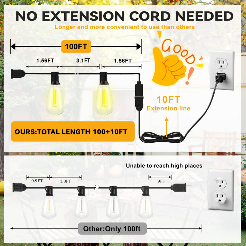 100+10FT Outdoor String Lights with Remote, Dimmable Patio Lights for Outside with 32+2 Bulbs