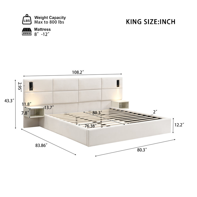 Velaris Modern Contemporary Upholstered Smart Bed with Integrated Reading Light and Storage Shelves, King