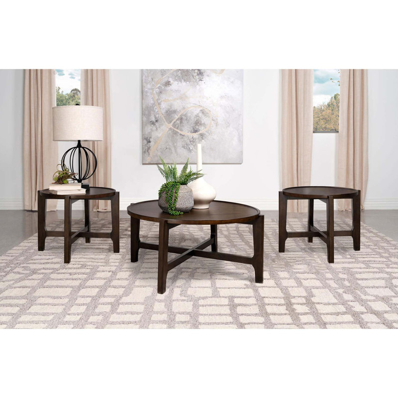 Ensemble de tables basses trois pièces avec plateaux encastrés et pieds robustes