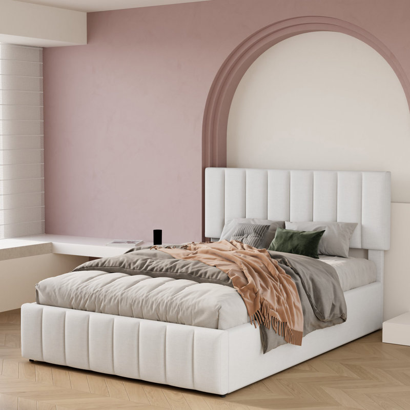 Juhi Upholstered Tufted Linen Platform Bed with Lift-up Storage and Reinforced Slat Support, Full, White