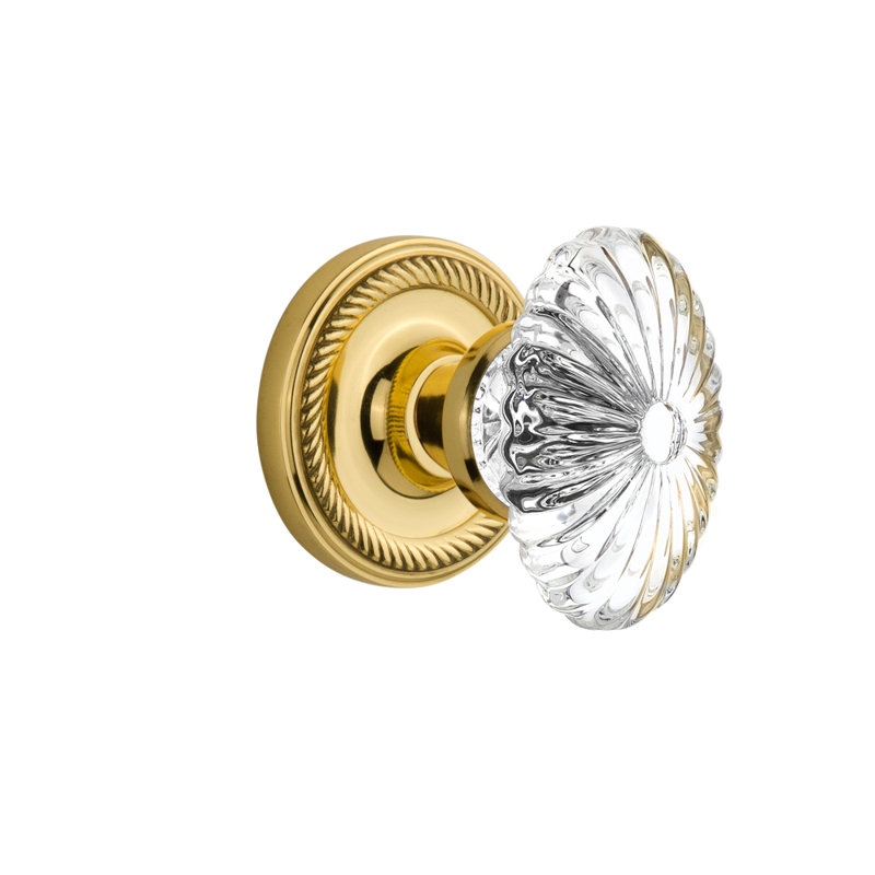 Rosette en corde avec bouton de porte ovale en cristal cannelé, Laiton poli, 2 3/4 po