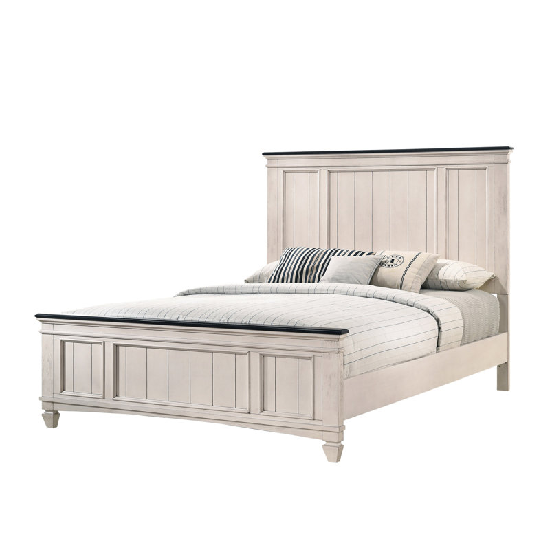 Grand lit rustique en bois avec pieds de soutien, beige et brun, lit à panneaux en bois massif de style chambre à coucher, design, décoration
