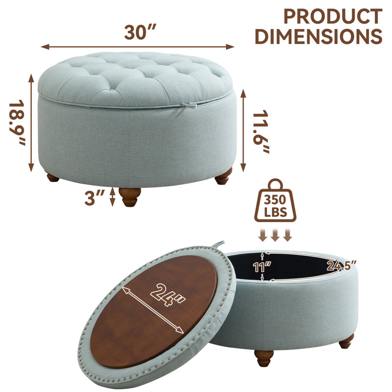 30’’ Wide Upholstered Tufted Round Storage Ottoman, Light Blue Linen
