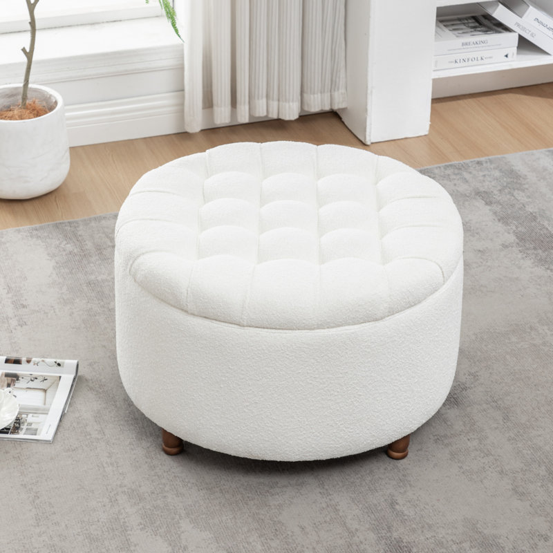 Classic 28-Inch Wide Button Tufted Round Storage Ottoman With Lift-Off Lid, White