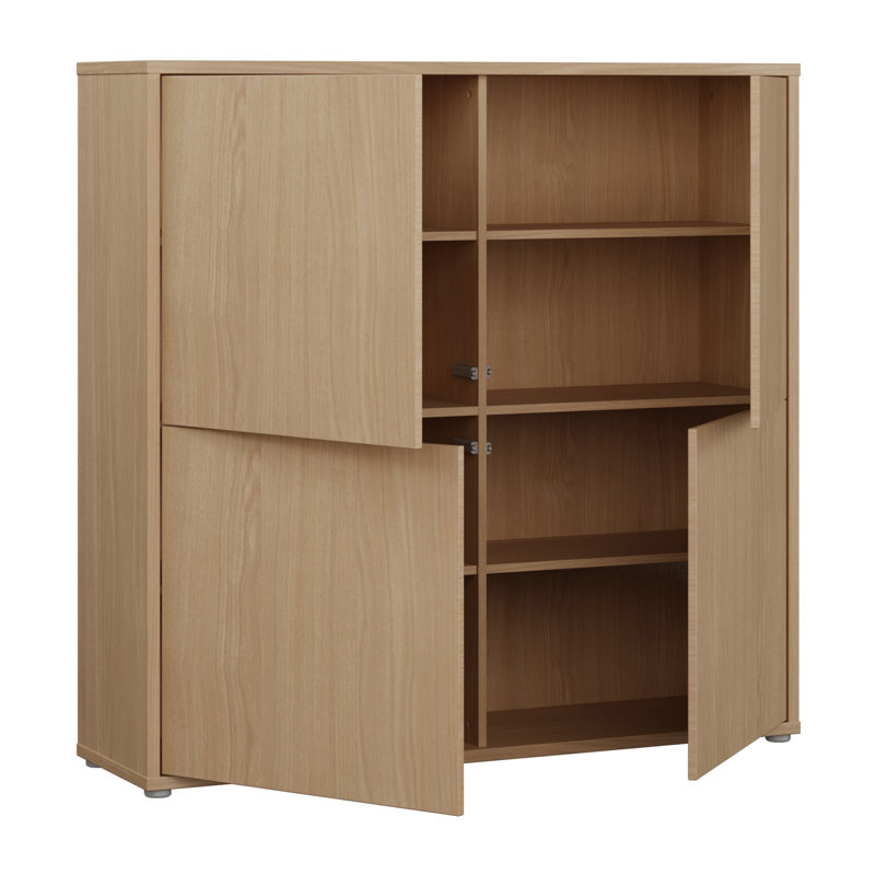 Modern minimalistic cabinet unit with 4 square-shaped doors, engineered wood, 124.5 cm W x 121.5 cm H x 34.9 cm D, Beige