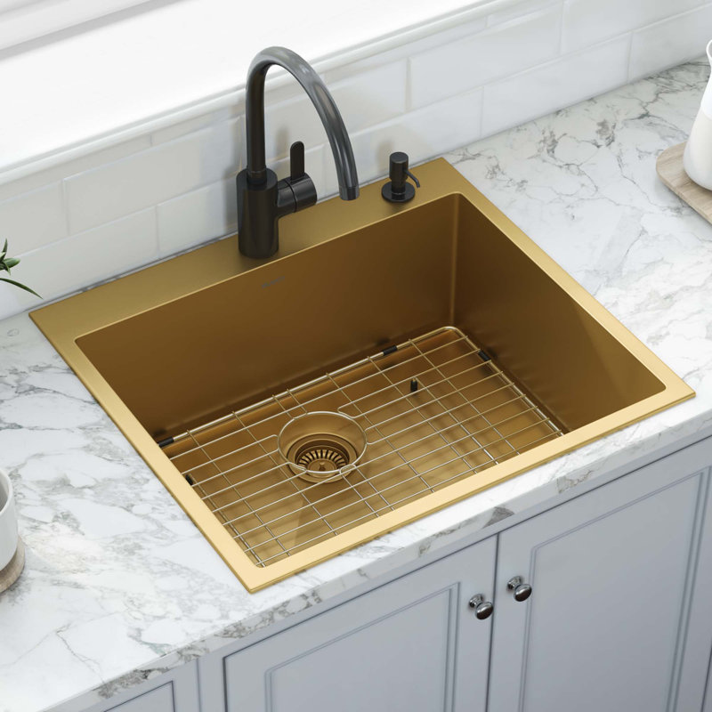 Ruvati 25 inch Stainless Steel Drop-in Topmount Kitchen Sink Single Bowl, Matte Gold 