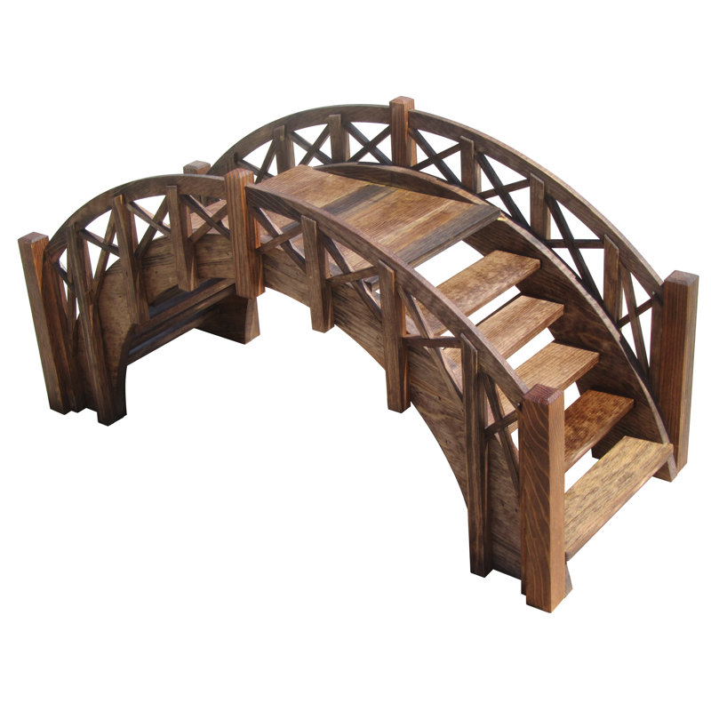 Brown Treated Wood Garden Stair Bridge with Lattice Railings
