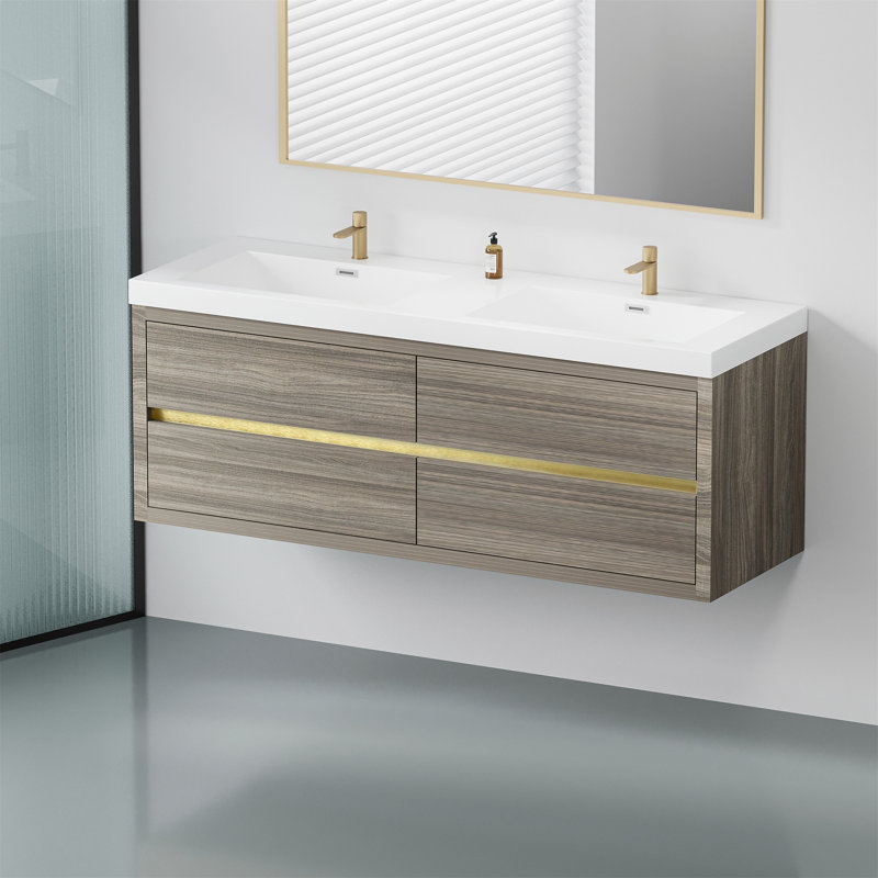 60" Wall-Mounted Bathroom Vanity With Double Sinks, Gray Ash