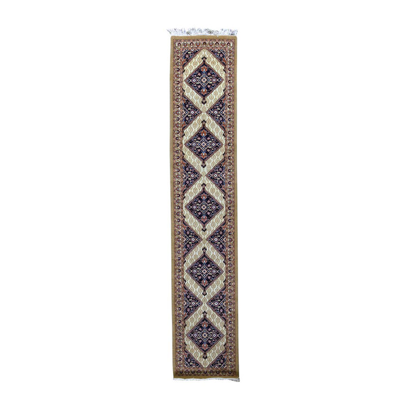 Tapis de couloir unique en laine noué à la main bleu marine / orange / vert 2 pi 6 po x 12 pi 11 po