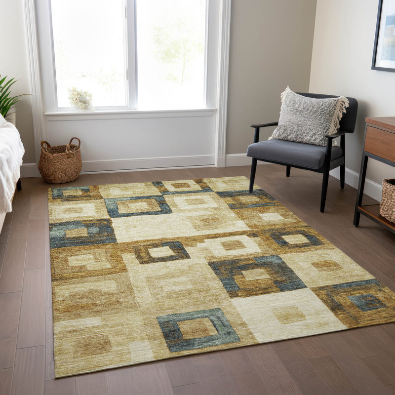 Beige Rectangular Synthetic Washable Indoor/Outdoor Rug 3' x 5'