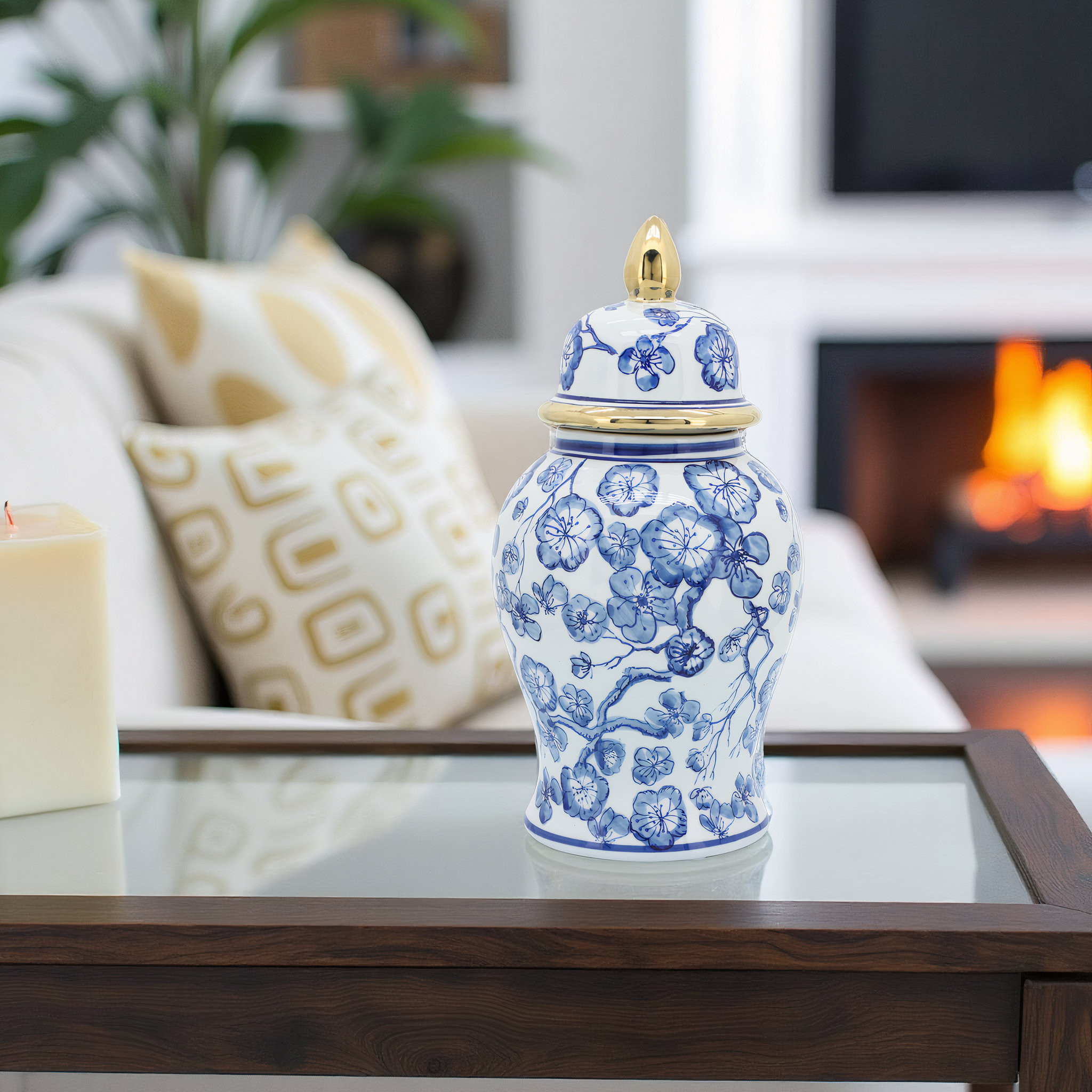 Kelly Clarkson Home Nina 14" Ceramic Temple Jar with Lid Contemporary Vintage Style Blue and White Chinoiserie Floral Design "& Reviews" | Wayfair
