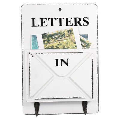 Porte-courrier mural en bois blanc avec crochet de suspension, porte-clés et rangement créatif pour la maison.