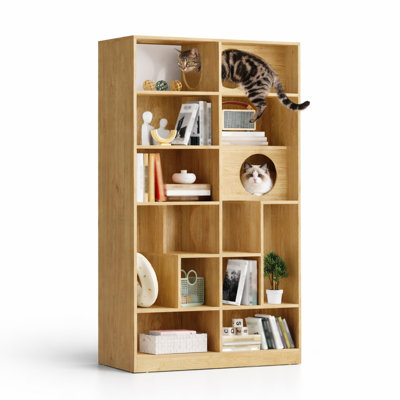 Modern 2-in-1 Wood Bookshelf and Cat House, Multi-Tier Display Case with Storage Cubbies, Integrated Cat Litter Box Enclosure and Climbing Shelf, Vertical Space-Saving Furniture