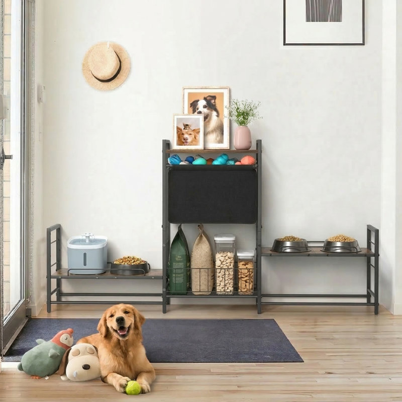 Armoire d'alimentation réglable surélevée avec panier à jouets, organisateur de rangement pour grands / moyens / petits chiens