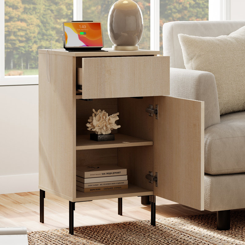 Union Rustic Set Of 2 Reeded End Table With Charging Station, Modern Minimalist Wooden Nightstand With Drawer For Bedroom, Living Room, Sofa Office