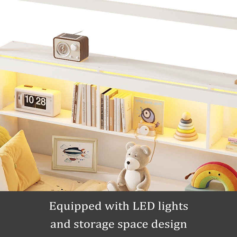 Lit simple avec lumière DEL, lit maison en bois avec bibliothèque de rangement, lit maison au sol avec garde-corps, Blanc