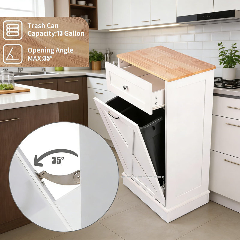 Armoire à ordures inclinable avec tiroir dissimulé - Armoire autoportante de 10 gallons pour le recyclage et le lavage de la cuisine, organisateur de rangement en bois durable
